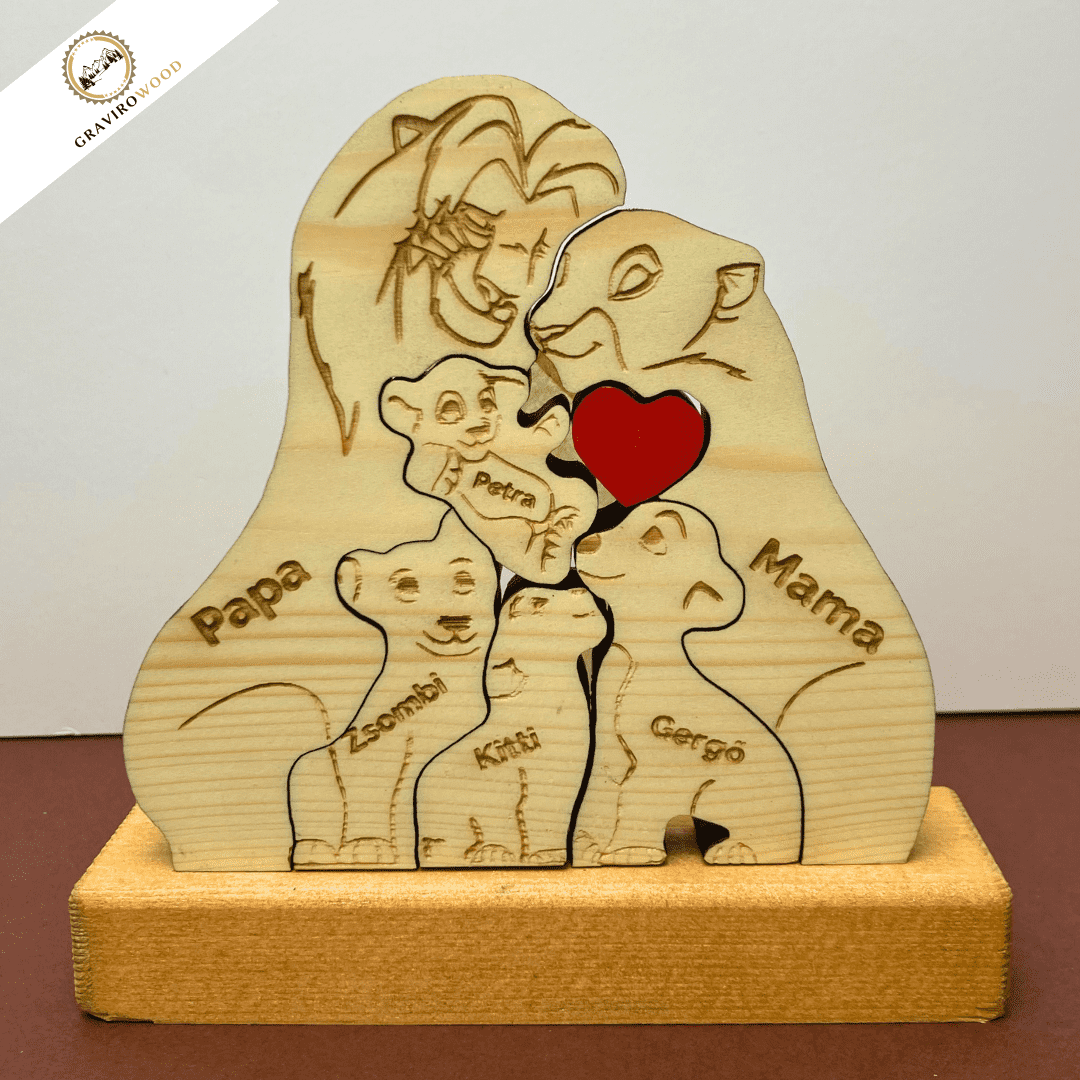 Kézműves oroszlán család fából