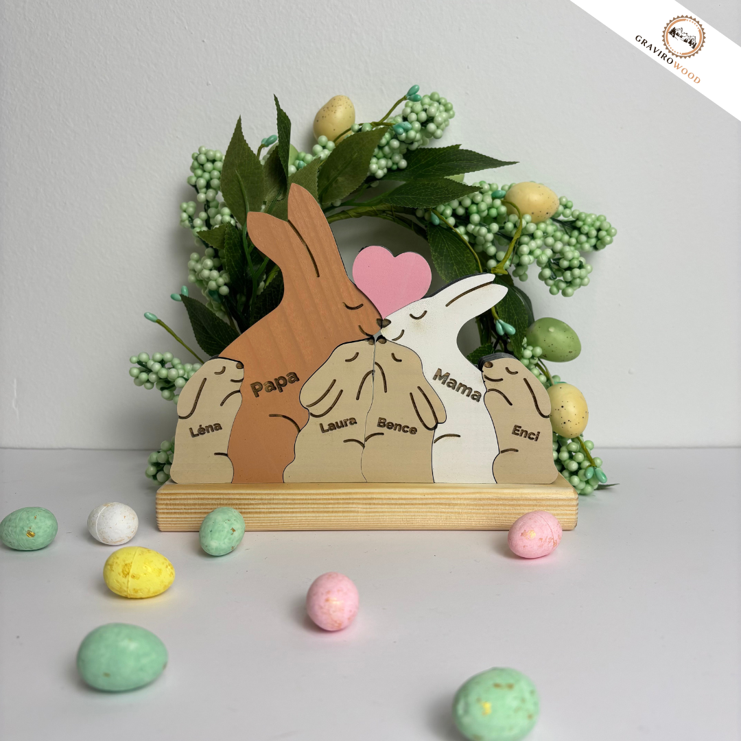 Kézműves nyuszi család fából (egyedi gravírozással)