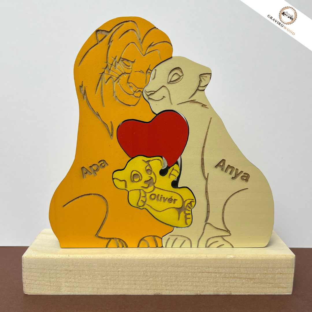 Kézműves oroszlán család fából