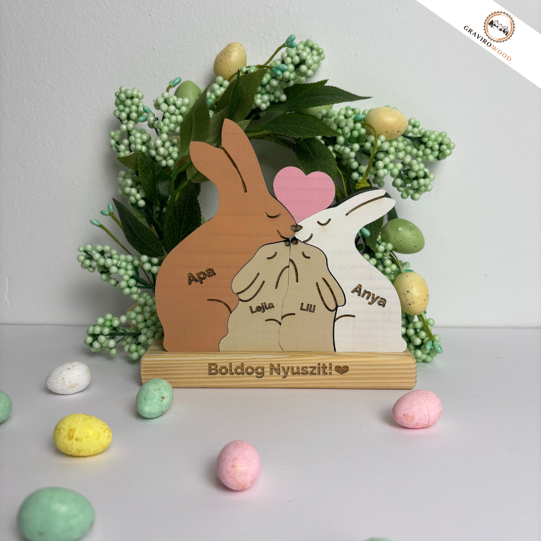 Kézműves nyuszi család fából (egyedi gravírozással)
