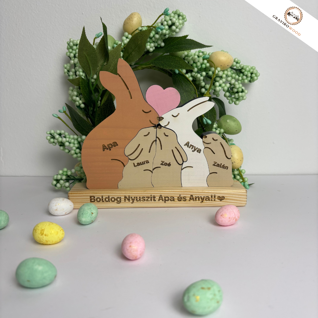Kézműves nyuszi család fából (egyedi gravírozással)