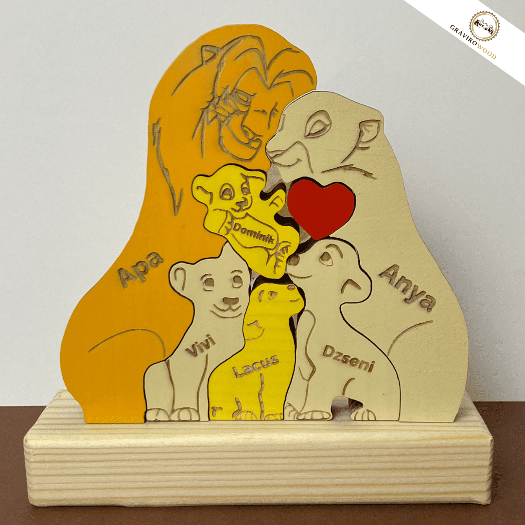 Kézműves oroszlán család fából