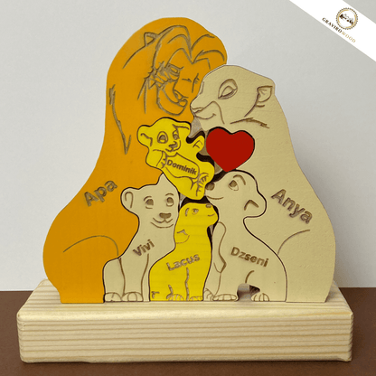 Kézműves oroszlán család fából