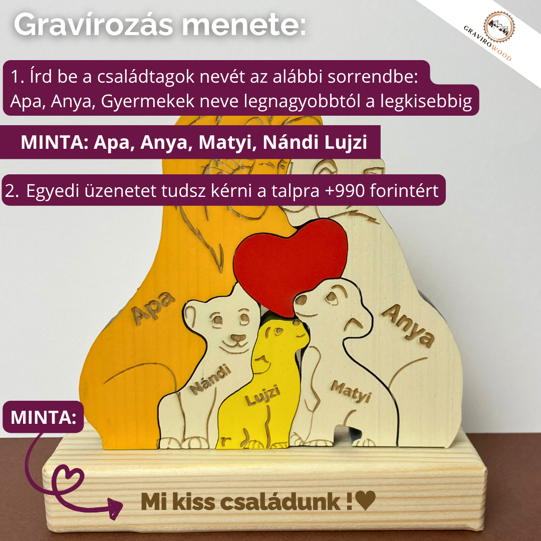 Személyre szabható oroszlán család fából – Egyedi gravírozott dekoráció
