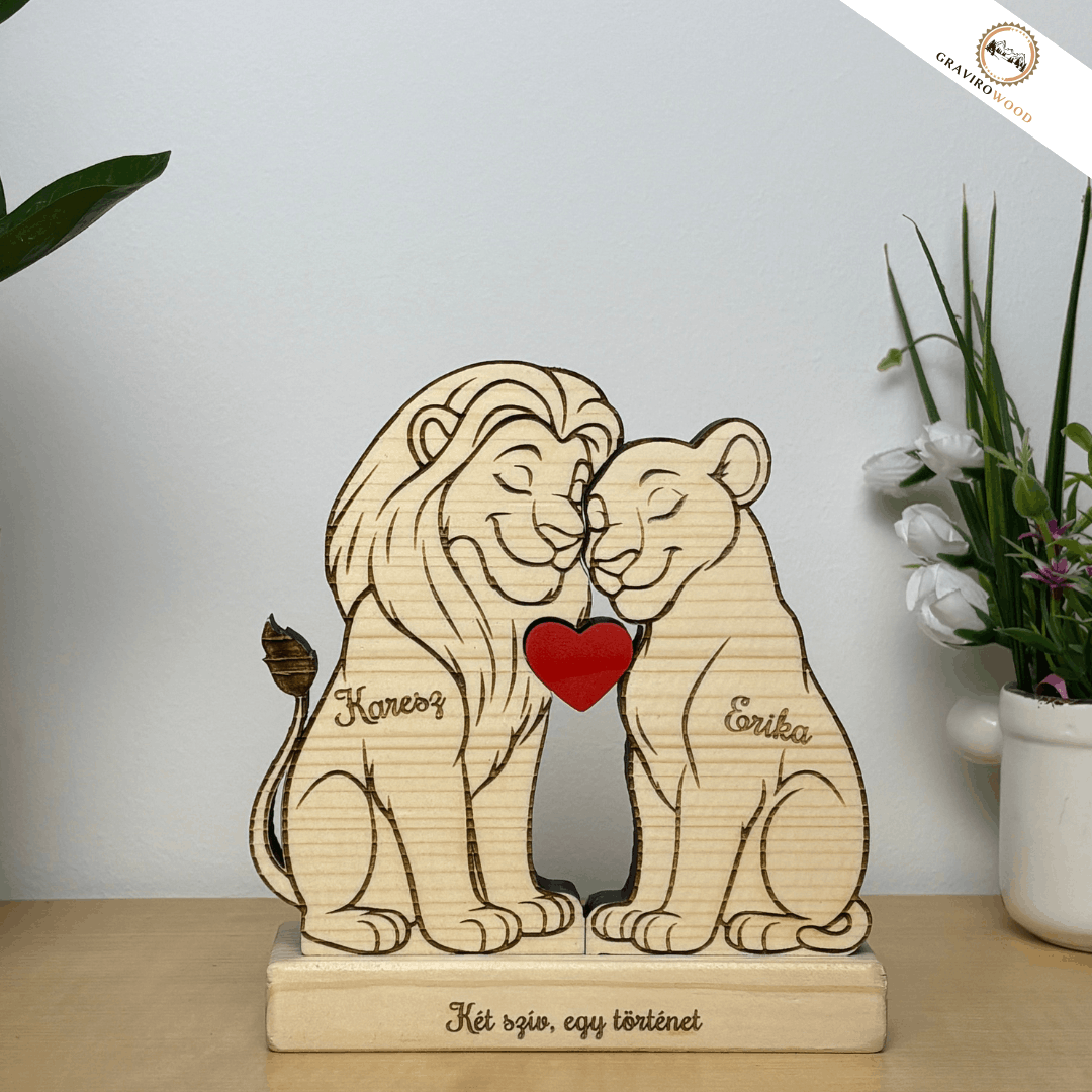 Kézműves oroszlán család fából