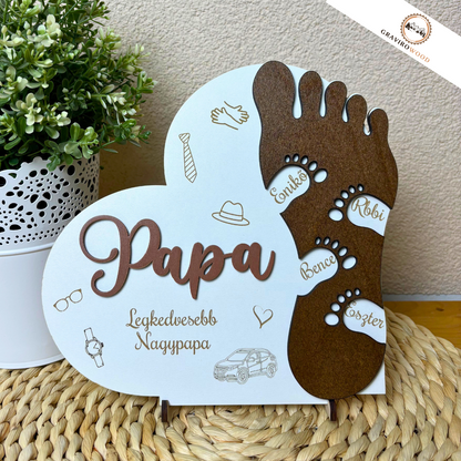 Személyre szabható talp mintájú dekoráció – Egyedi gravírozott ajándék Apának és Nagypapának