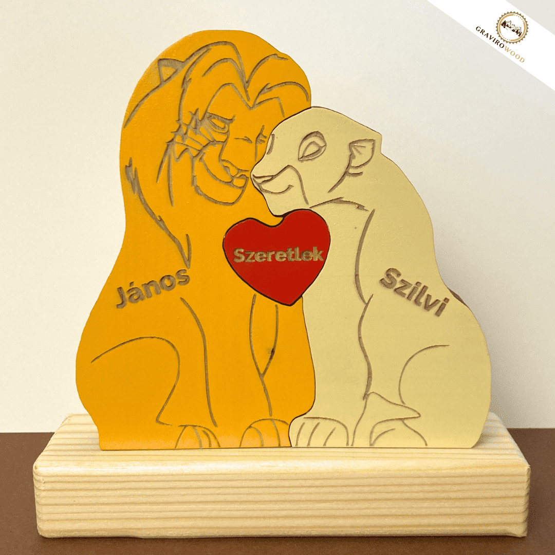 Kézműves oroszlán család fából